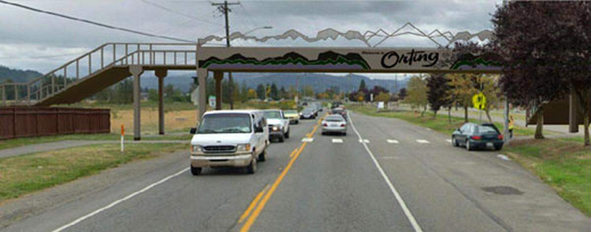 This rendering shows what the sign on the new pedestrian bridge would look like to motorists driving into Orting on SR 162.