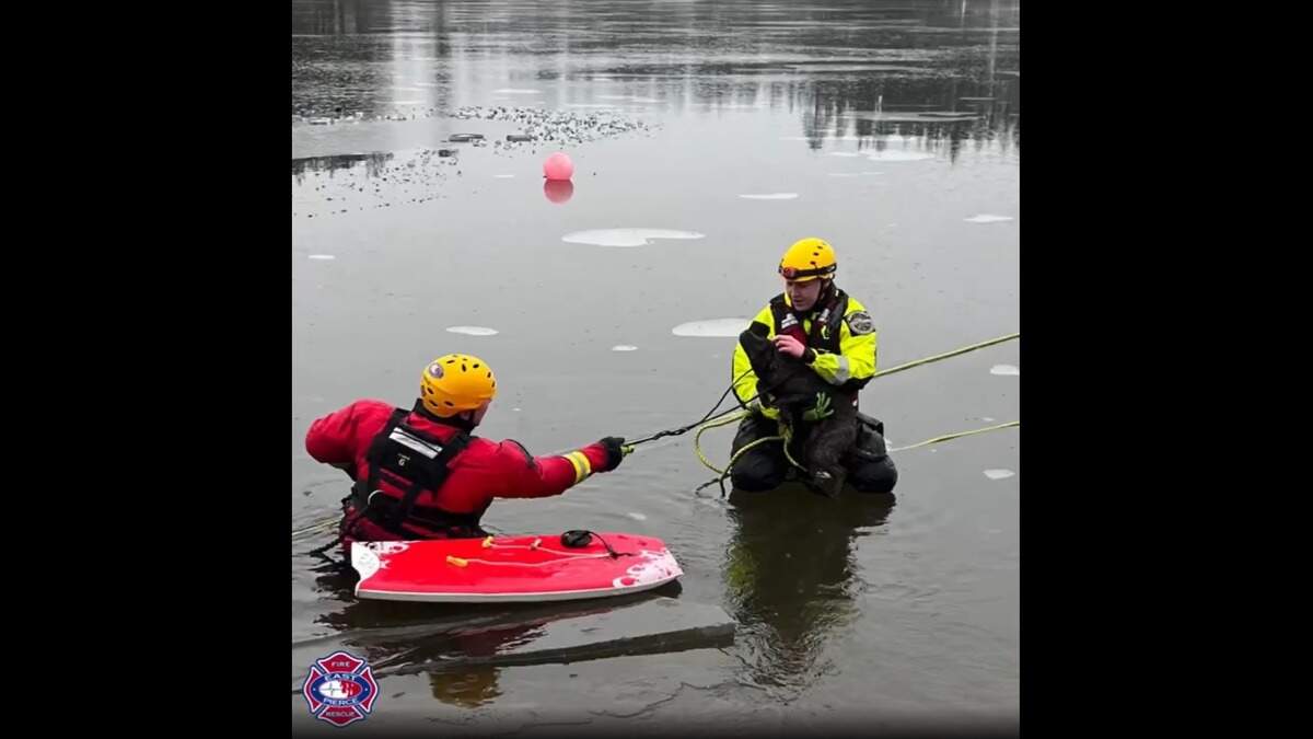 East Pierce firefighters used ropes and body boards to rescue a dog Thursday, Jan. 18, 2024, on Lake Tapps. The dog was near the 20400 block of Church Lake Drive East.