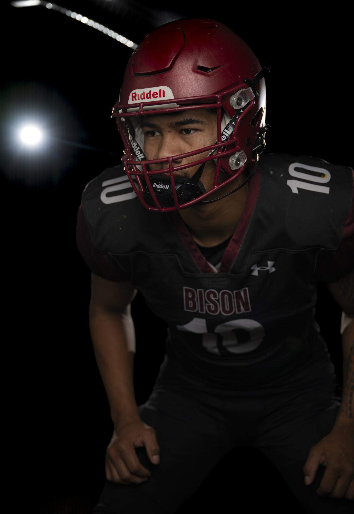 Bethel senior linebacker Ramzak Fruean poses for a portrait after being selected as first-team defense for The News Tribune’s 2025 All-Area football team at Mount Tahoma High School, on Sunday, Dec. 7, 2025, in Tacoma, Wash.