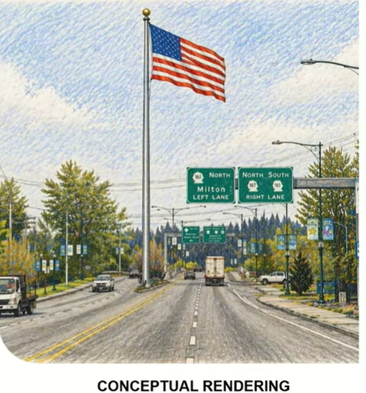 Puyallup’s city manager presented a drawing of how a controversial 100-foot flagpole will look in the city after it is installed for America’s 250th birthday.