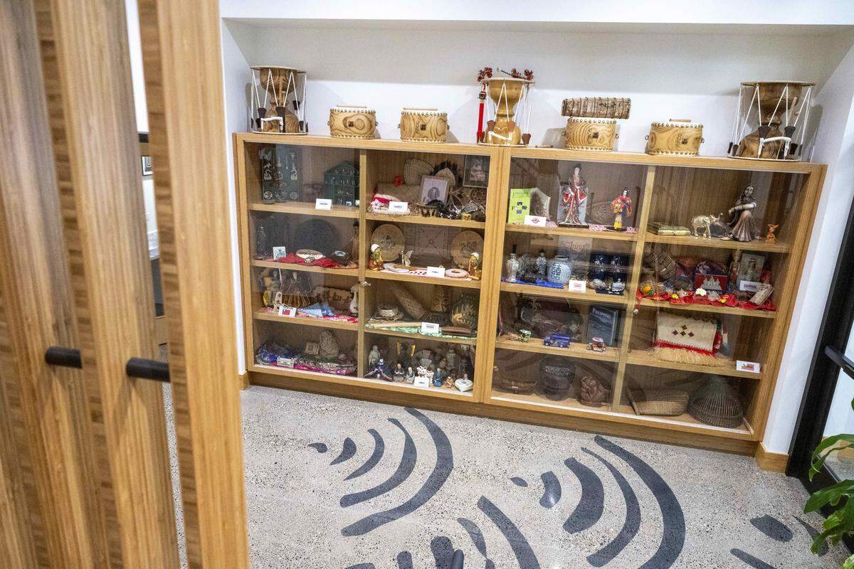 A Corridor of Nations features art from the countries served by the Asia Pacific Cultural Center, pictured on Monday, Sept. 8, 2025, in Tacoma, Wash.