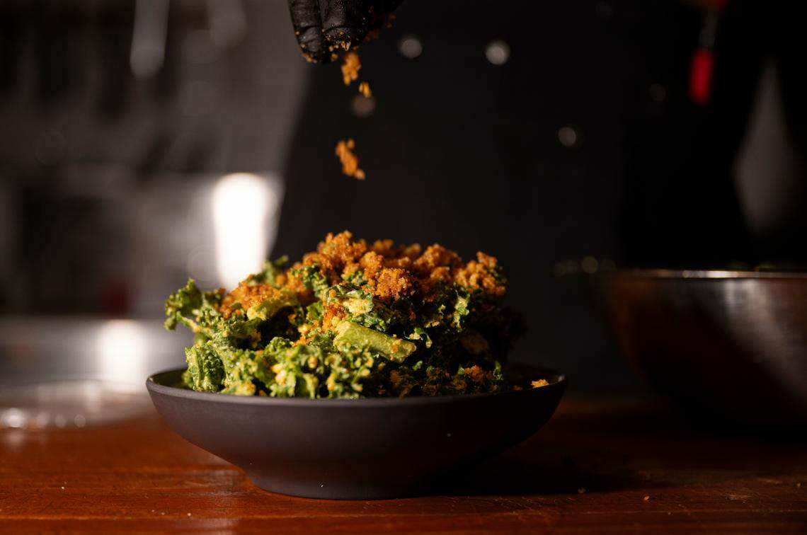 The kale Caesar is no ordinary kale salad. Massaged to order with a custom curried dressing, it’s finished with toasted cornbread crumbles.