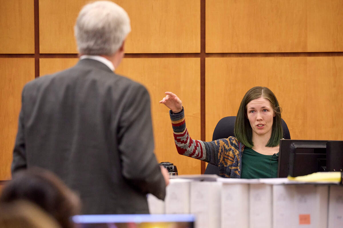 Aiyann Mallang is questioned by attorney Wayne Fricke representing officer Christopher “Shane” Burbank during the trial of Tacoma Police officers accused in the death of Manny Ellis held at Pierce County Superior Court, Thursday, Oct. 19, 2023, in Tacoma, Wash. Officers Christopher Burbank, Matthew Collins and Timothy Rankine are charged. (John Froschauer/Pool Photo AP)