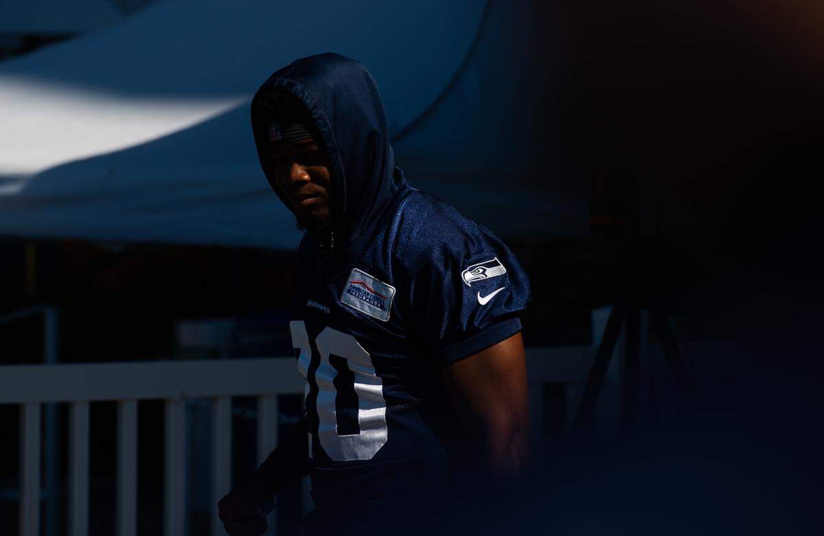 Rashaad Penny takes the field during the Seattle Seahawks training camp at the Virginia Mason Athletic Center in Renton, Wash., on Thursday, July 25, 2019.