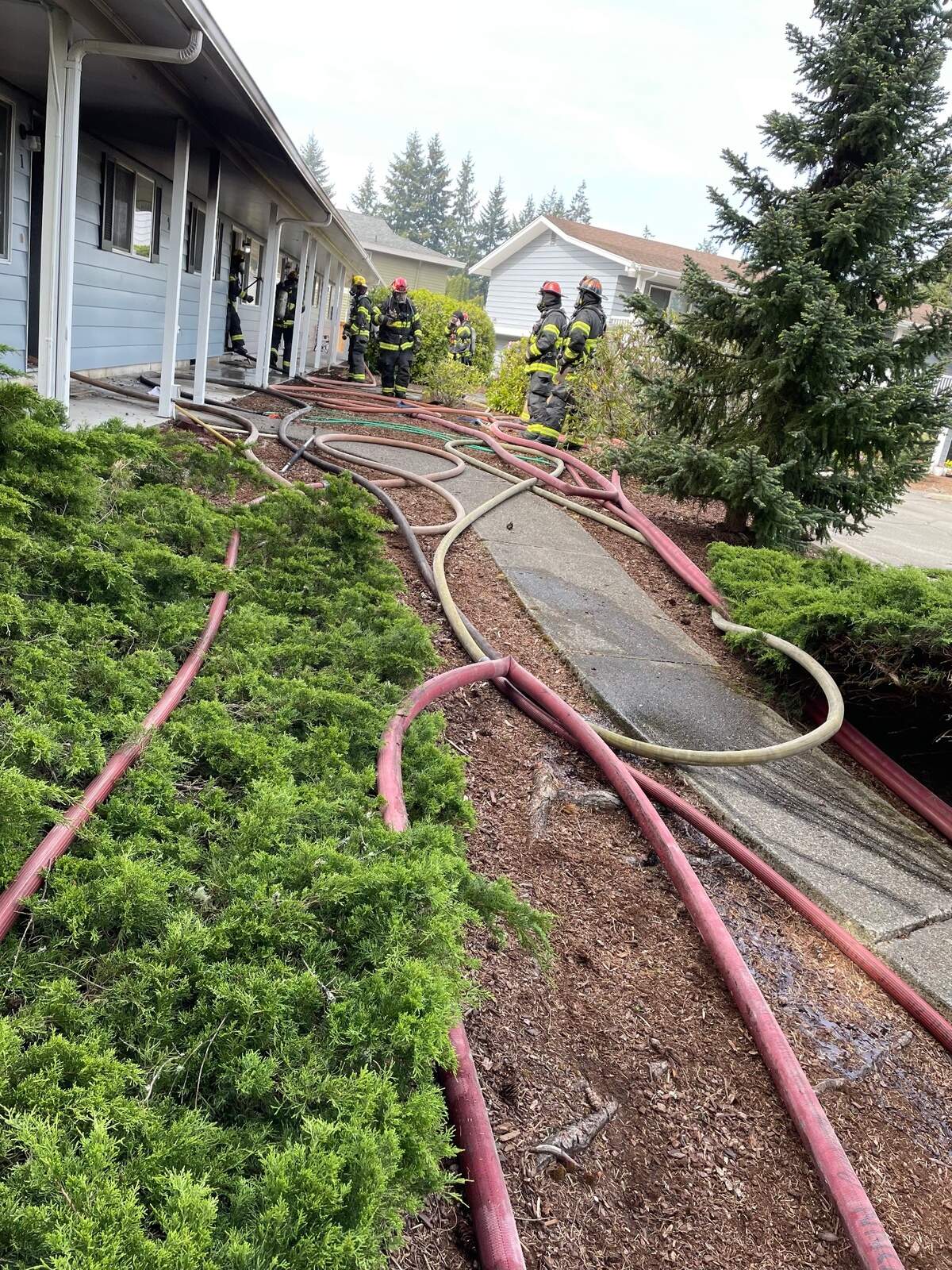 Tacoma Fire Department crews responded to an apartment fire on Friday, May 9, 2025, in Fircrest, Wash.