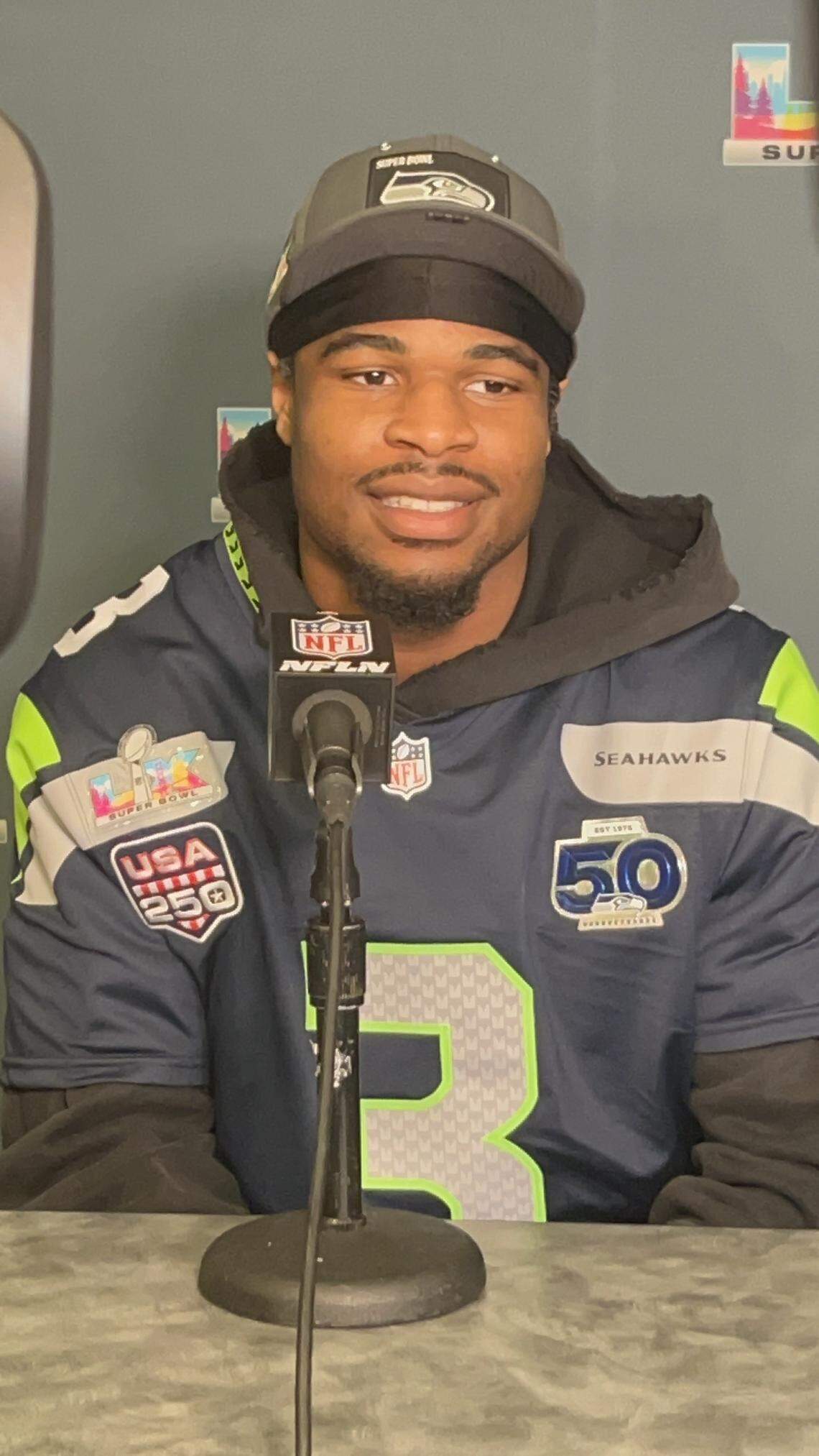 Nick Emmanwori talks on Super Bowl Thursday at the San Jose Convention Center, Thursday, Feb. 5, 2026, three days before Super Bowl 60 against the New England Patriots. Emmanwori injured his ankle in practice Wednesday but says he’s fine to play in the championship game.