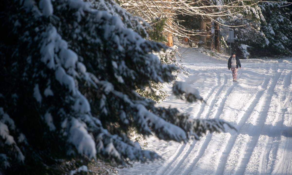 Leigha Enslow makes the trek up 12th Avenue to her apartment after walking to the store at the bottom of Tumwater Hill in Tumwater, Washington, on Thursday, Dec. 30, 2021.