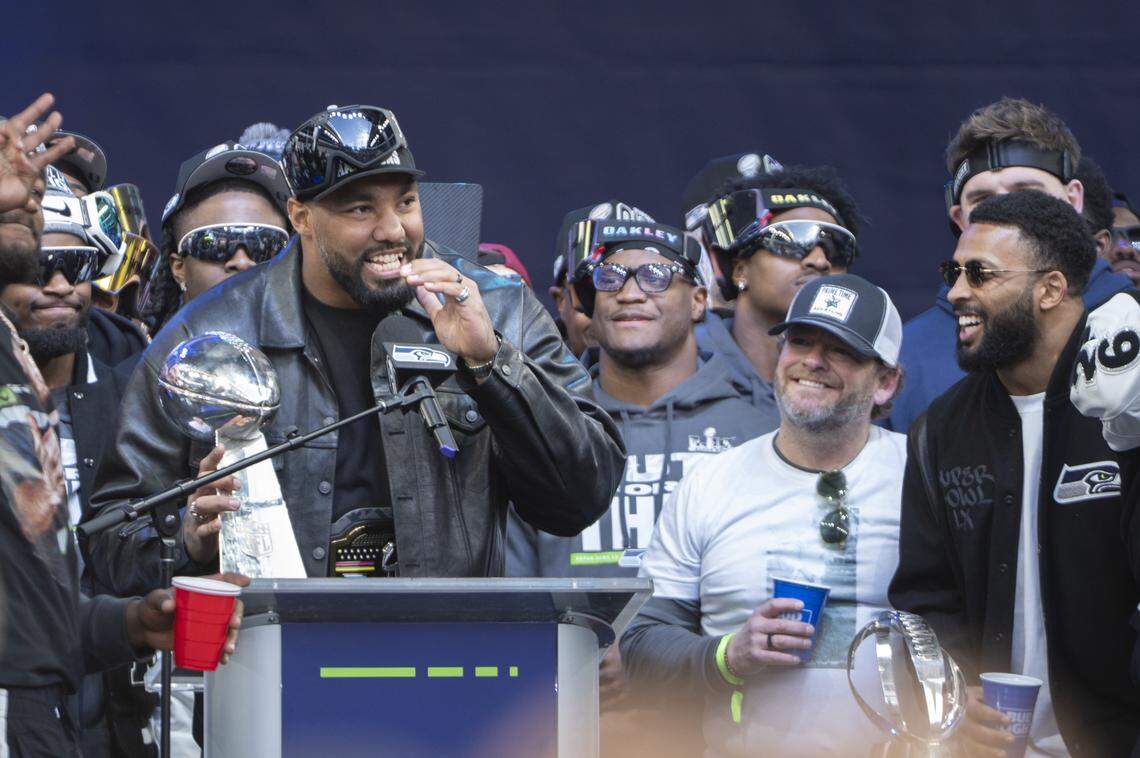 Seattle Seahawks defensive lineman Leonard Williams speaks to the crowd during the team’s Trophy Celebration event at Lumen Field on Wednesday, Feb. 11, 2026, in Seattle.