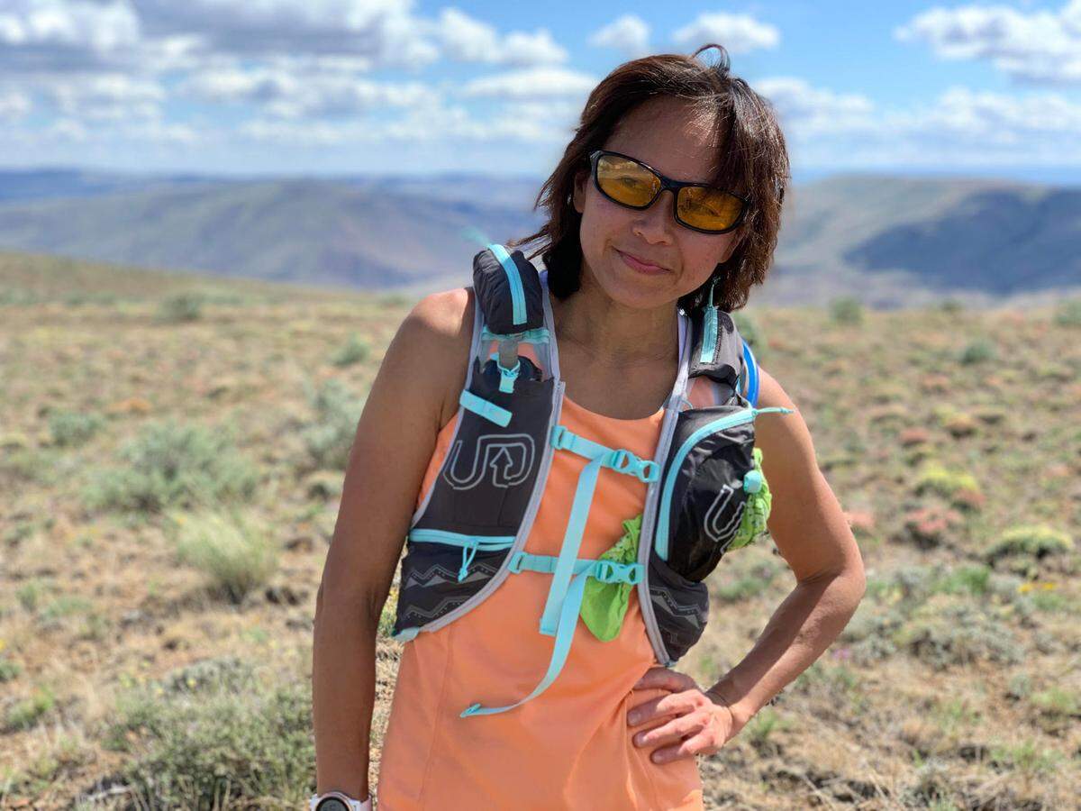 Van Phan, 52, during the Coronavirus pandemic lock down, running a 20 miles section of the Yakima 50k course in Ellensburg, Wash.