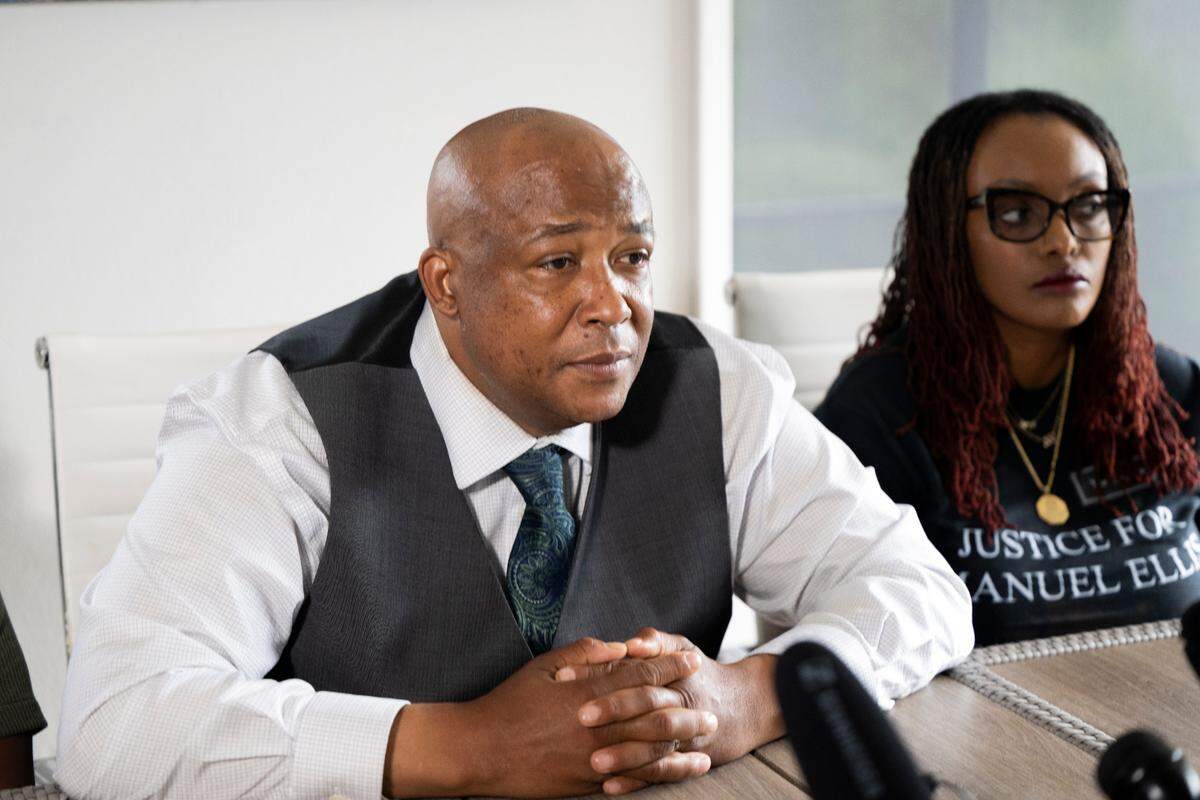 Attorney James Bible speaks during a press conference with the family of Manny Ellis following the city of Tacoma settling for $6 million for the in-custody death of Manny Ellis. Photographed on Wednesday, July 2, 2025, in Des Moines.