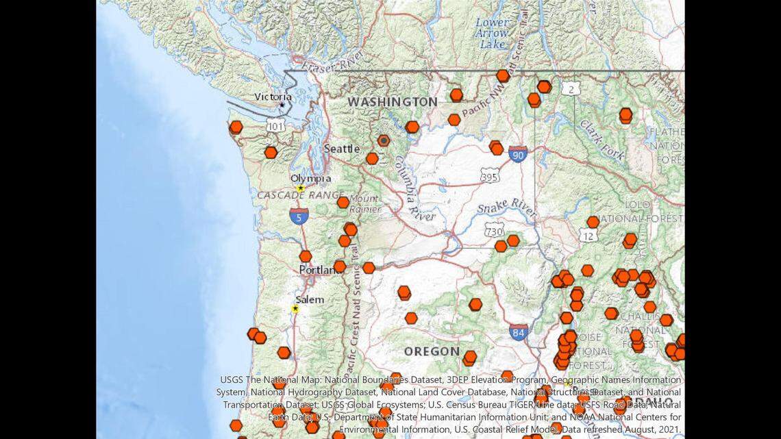 A map shows 18 places in Washington state that are up for renaming in compliance with the U.S. Department of the Interior’s February proposal to remove the word “sq___” — an ethnic and sexual slur for Indigenous women — which was officially declared a derogatory term as a result of Secretary’s Order 3404, from Federal Lands. The department announced a list of candidate replacement names for more than 660 geographic features with the word nationwide, initiated Tribal consultations and an opportunity for public comment to recommend and review proposed replacement names by April 25.