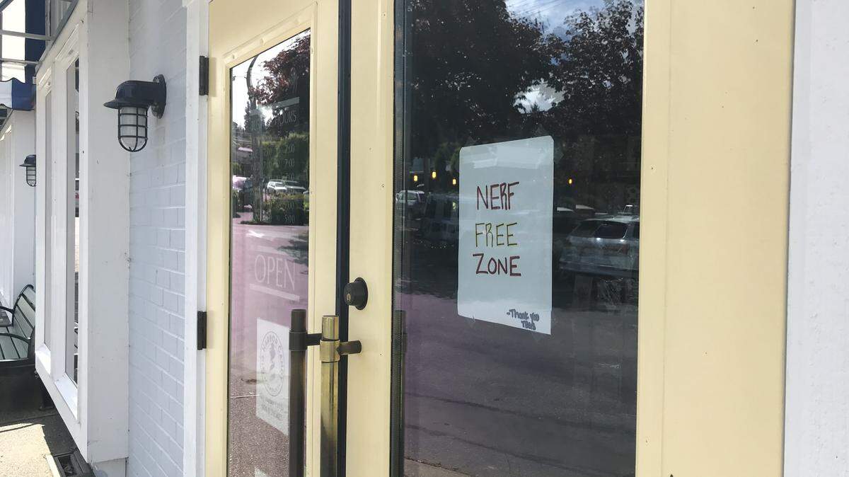 Businesses around the harbor, such as the Harbor General Store, have established Nerf-free zones to combat the annual Nerf wars by Peninsula schools seniors.