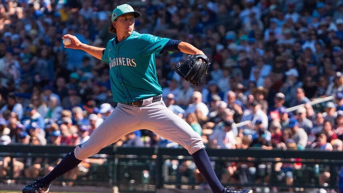 Mar 8, 2025; Mesa, Arizona, USA; Seattle Mariners pitcher Logan Gilbert (36) on the mound in the first inning for a spring training game against the Chicago Cubs at Sloan Park. Mandatory Credit: Allan Henry-Imagn Images