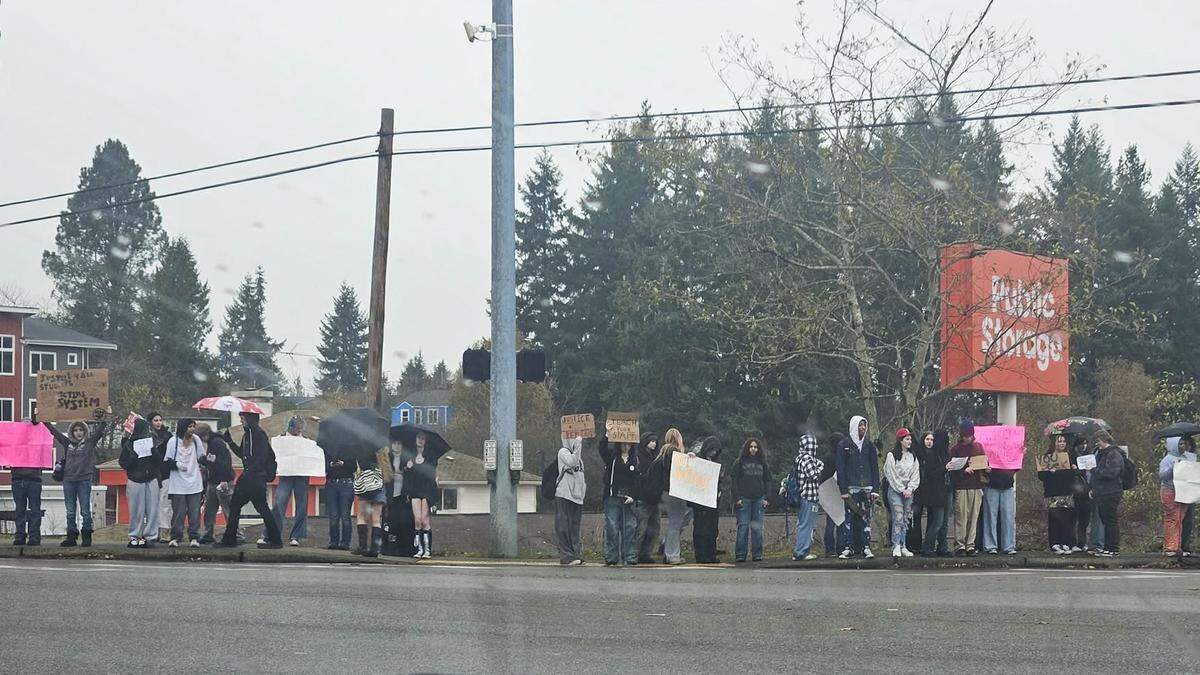 A large group of South Kitsap High School students walked out of class Tuesday, Nov. 25, 2025 in Port Orchard, Wash. to protest how the school responded to a serious injury incident on Nov. 20..