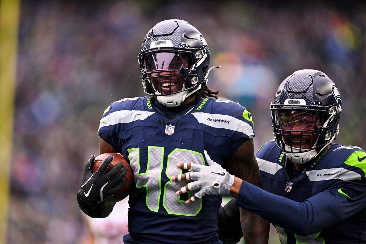 Seattle Seahawks linebacker Tyrice Knight (48) reacts to running in a touchdown off an interception, that was ruled incomplete after a review, during the first quarter of the game against the Arizona Cardinals at Lumen Field, on Sunday, Nov. 24, 2024, in Seattle, Wash.