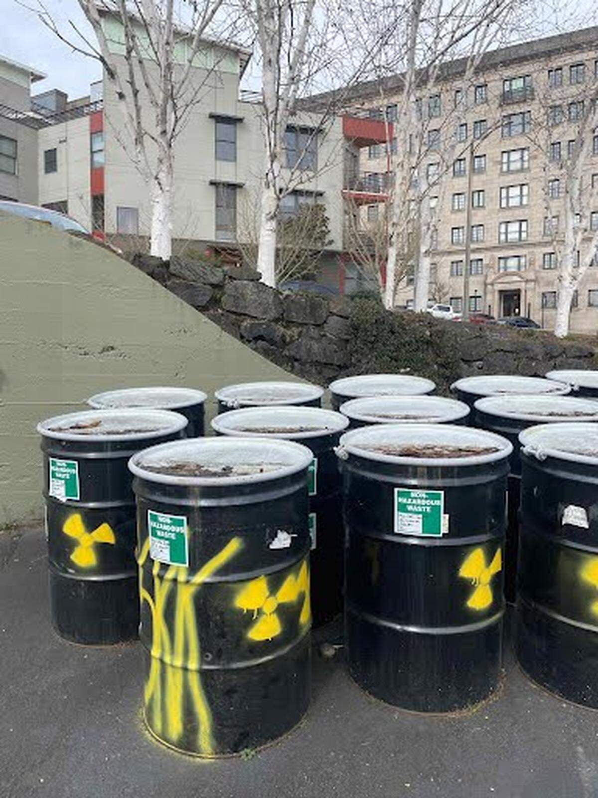 Fifteen barrels containing soil were vandalized with toxic waste symbols, according to Shaub-Ellison, while sitting in a parking lot downtown Tacoma near South 6th Ave. and St. Helens Ave. They were seen here Sunday, March 9, 2025.