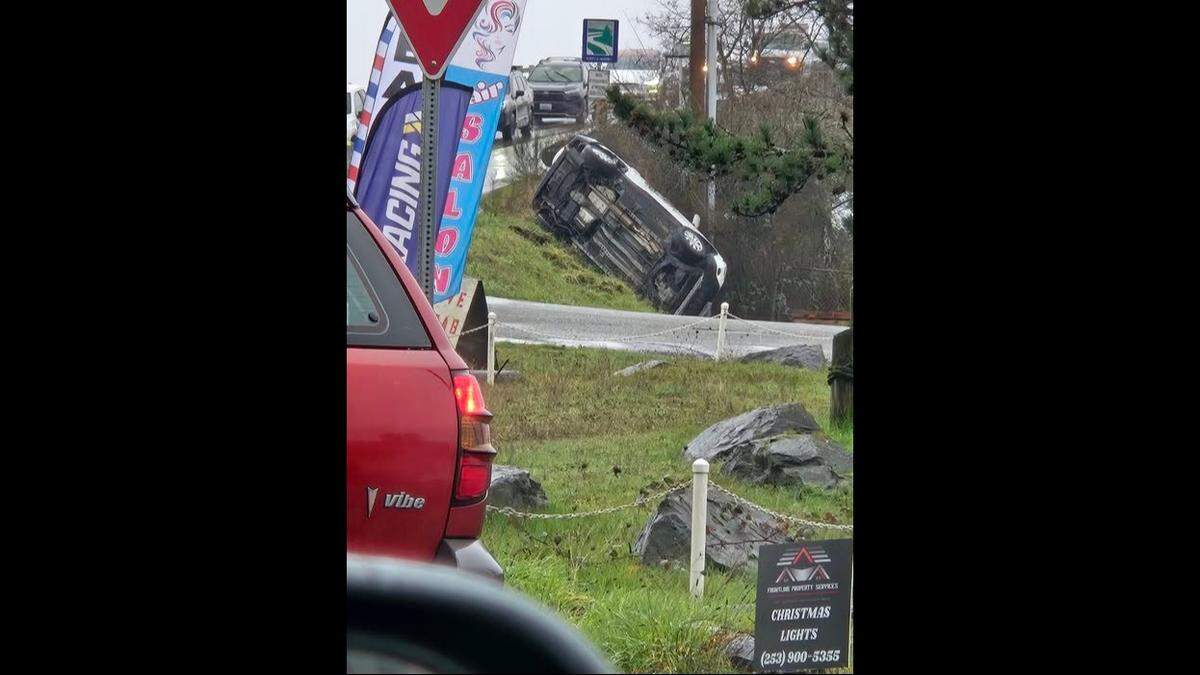 A wreck on the Purdy Bay Bridge around 12:30 p.m. Thursday, Jan. 29, 2026 left a car turned on its side off of the bridge in Purdy, Wash.