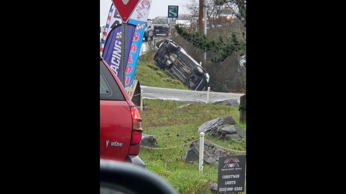 Traffic alert: Cars coming to a stop near Purdy Bridge after car flips onto side