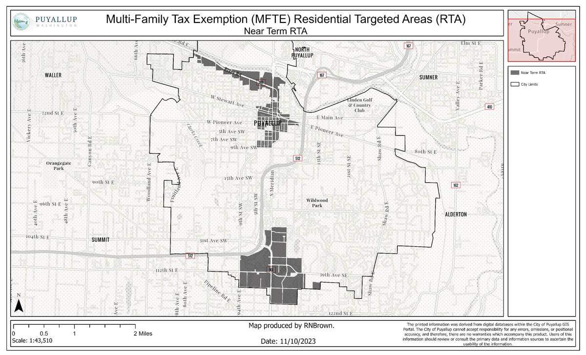 The Puyallup City Council unanimously voted Dec. 5, 2023, during a council meeting to expand its Multifamily Tax Exemption (MFTE) program to other areas of the city. This map shows where the MFTE program is available following the expansion.