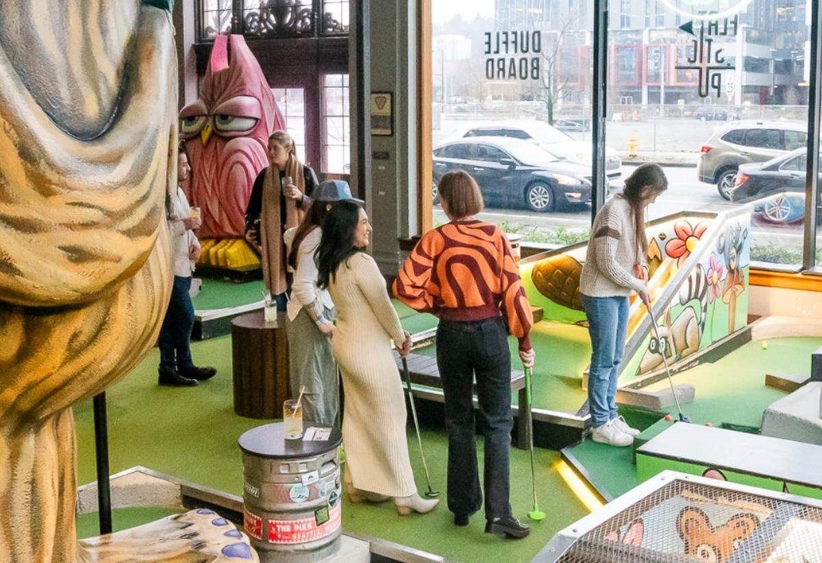Games, especially mini-golf but also custom games like Duffleboard and Wickets, are central to the experience at Flatstick Pub. Each location offers a different array.