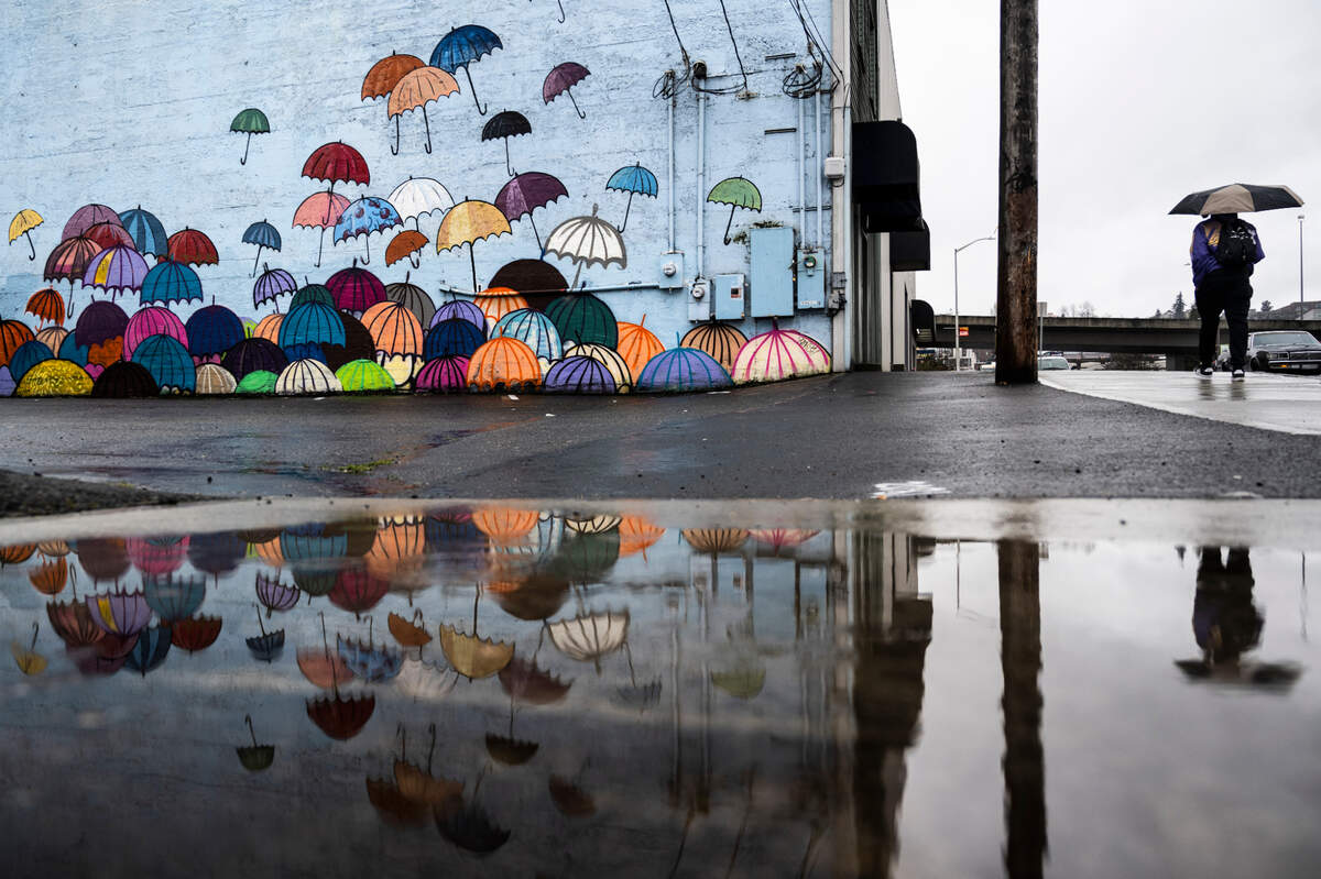 A man holds his umbrella as he walks past a mural at 216 Puyallup Avenue in Tacoma on Sunday, Feb. 27, 2022. The forecast predicted a long stretch of rain for the weekend leading into next week.