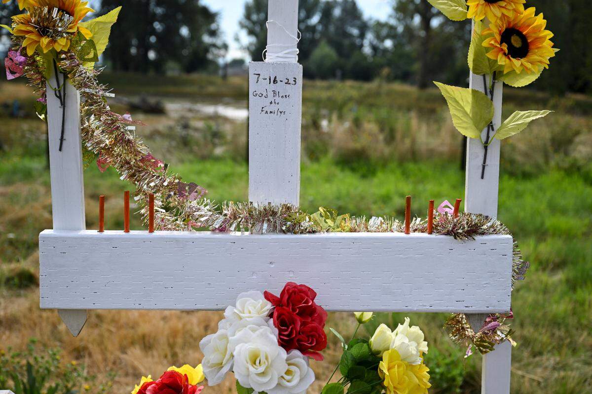 The sight of a memorial for a July 16 car Collins that left six people dead at WA-509 and Alexander Ave E., Friday, Aug. 11, 2023, in Tacoma, Wash.