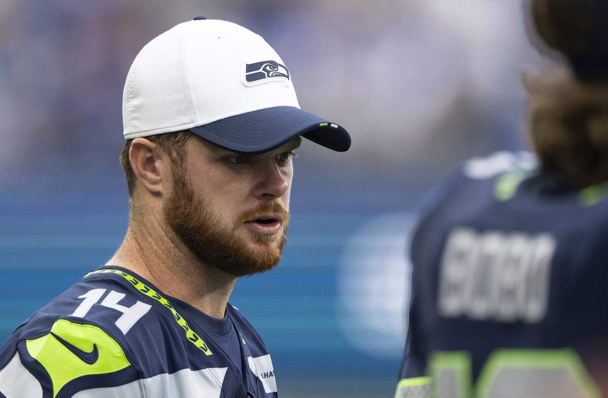 Seattle Seahawks quarterback Sam Darnold (14) looks on during the first quarter of the game at Lumen Field, on Thursday, Aug. 7, 2025, in Seattle, Wash.