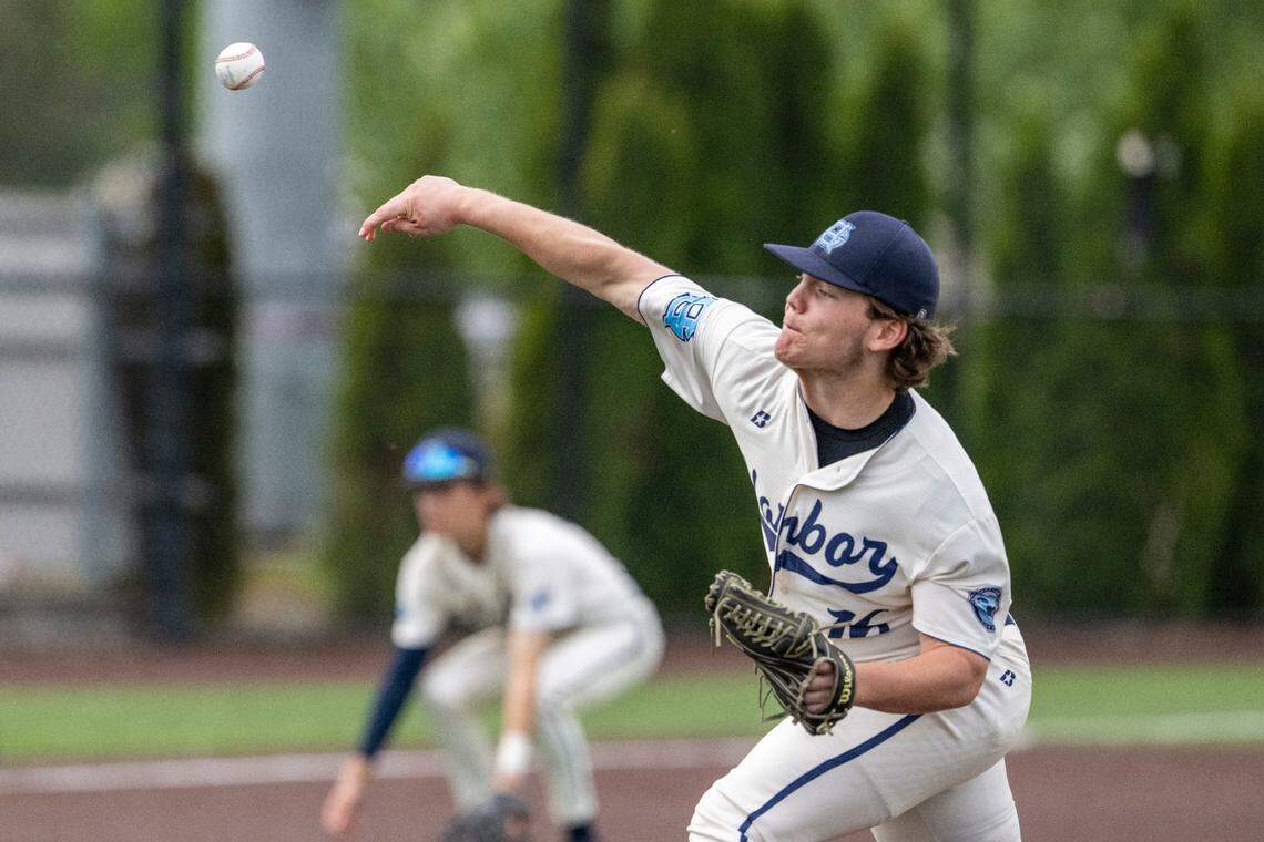 Gig Harbor’s Jake Cuda pitches to Peninsula in an early inning of the 3A District Championship game on Saturday, May 17, 2025, in Auburn, Wash.