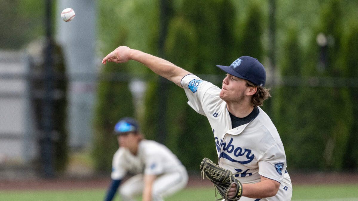 Gig Harbor’s Jake Cuda pitches to Peninsula in an early inning of the 3A District Championship game on Saturday, May 17, 2025, in Auburn, Wash.