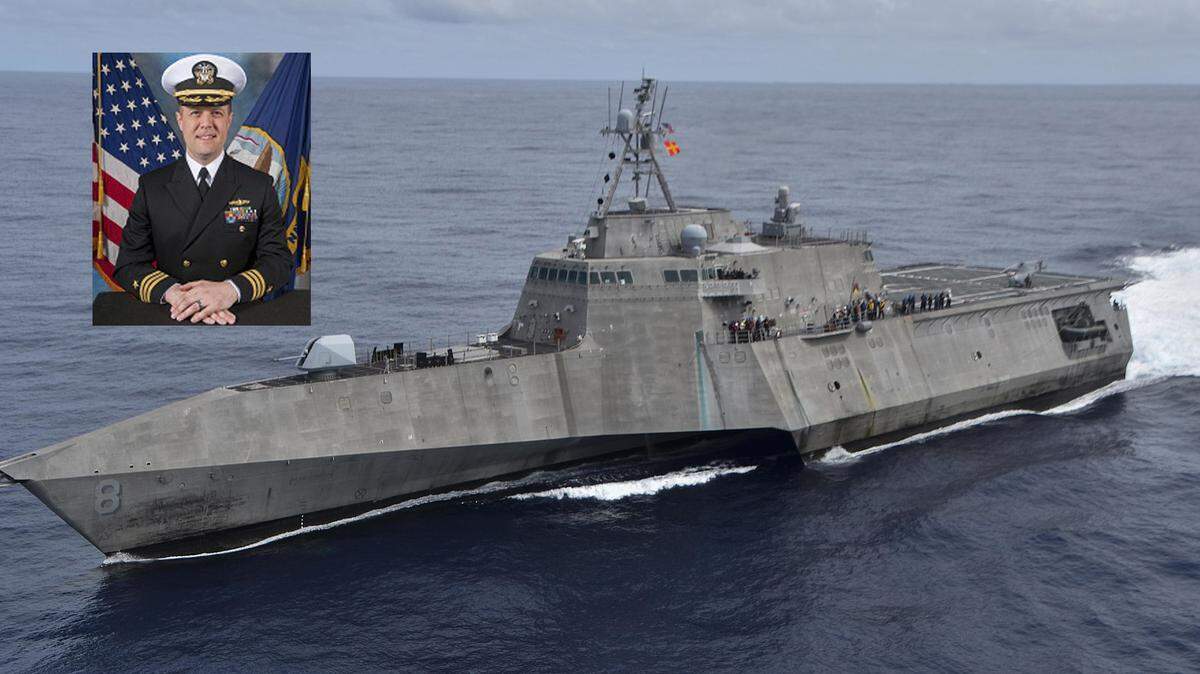 The USS Montgomery, seen in a Navy photo at sea, is under the command of a Gig Harbor native, Cmdr. Austin Duff (inset)