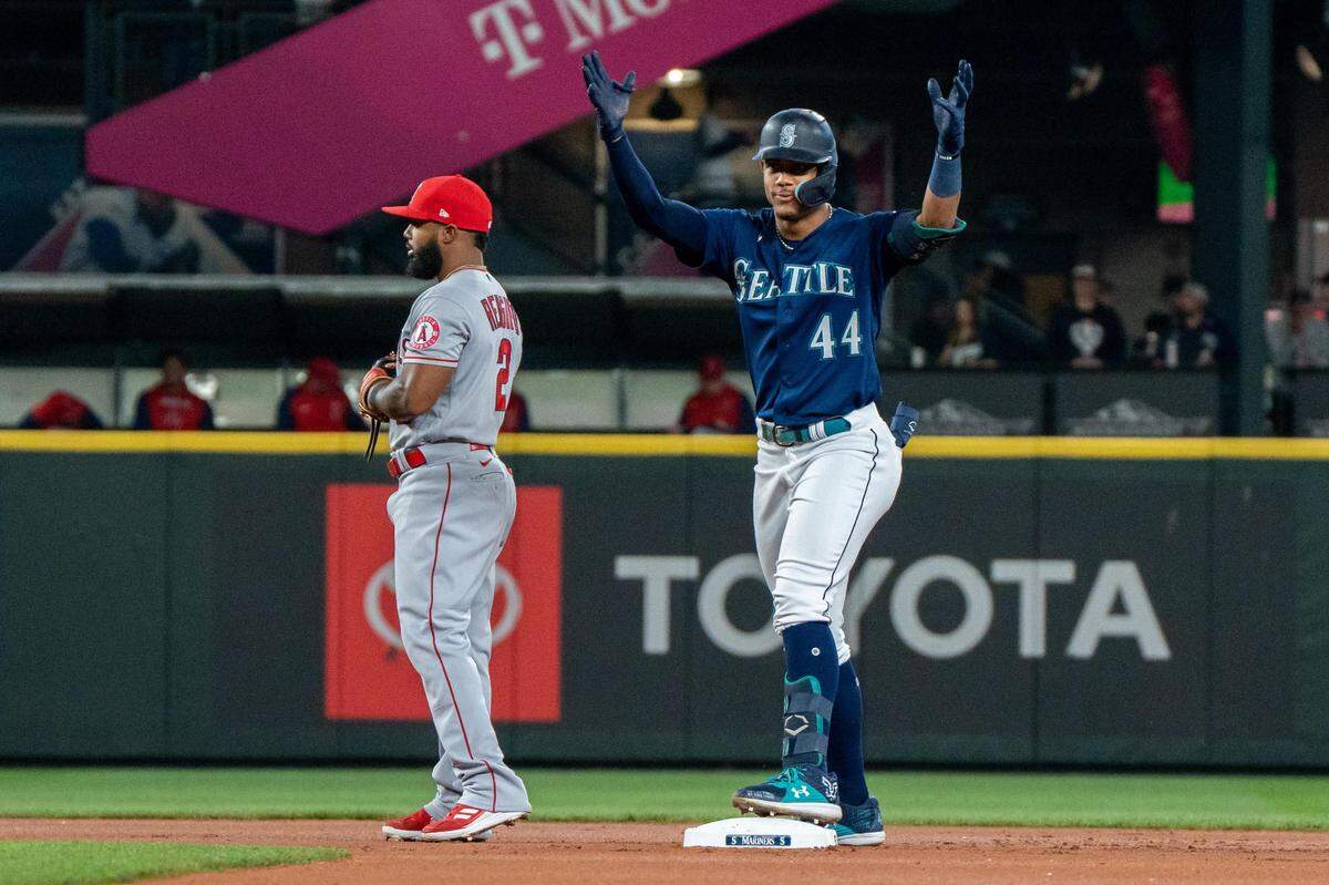 Seattle Mariners center fielder Julio Rodriguez (44) interacts with the crowd after he gets on base during their second game against the L.A. Angels at T-Mobile Park in Seattle, Wash., on Saturday June 18, 2022. The Mariners lost both games to the Angels 4-2 and 3-0.