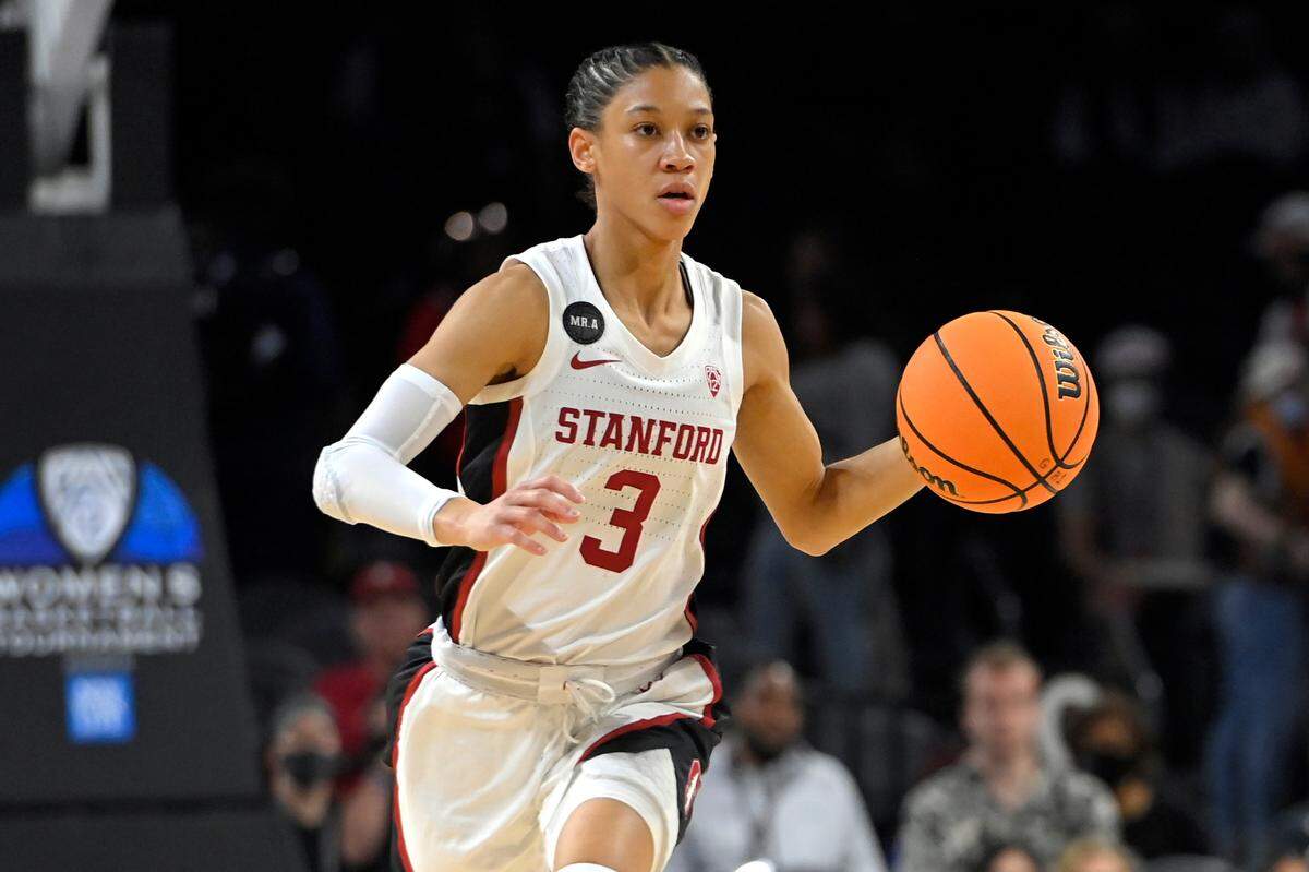Stanford guard Anna Wilson (3) brings the ball up court against Oregon State during an NCAA college basketball game in the quarterfinals of the Pac-12 women’s tournament Thursday, March 3, 2022, in Las Vegas. (AP Photo/David Becker)