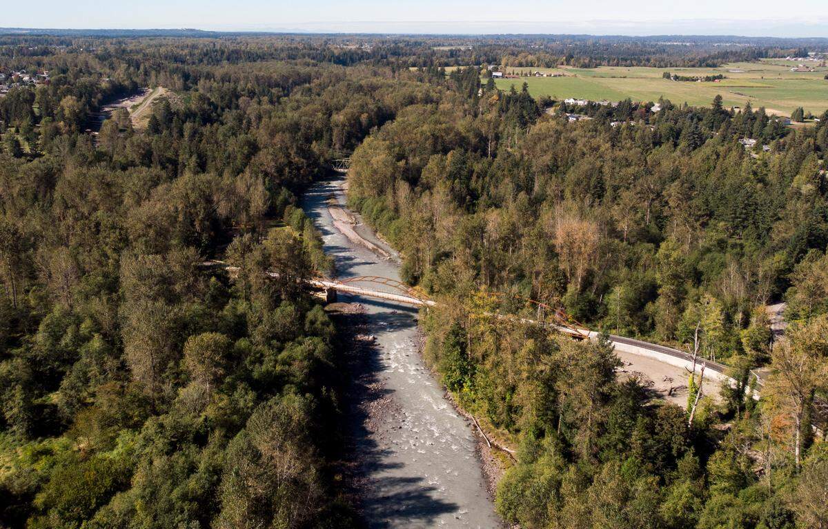 The newly opened Foothills Trail bridge connects King and Pierce County over the White River, on Tuesday, Oct. 1, 2024, in Enumclaw, Wash.