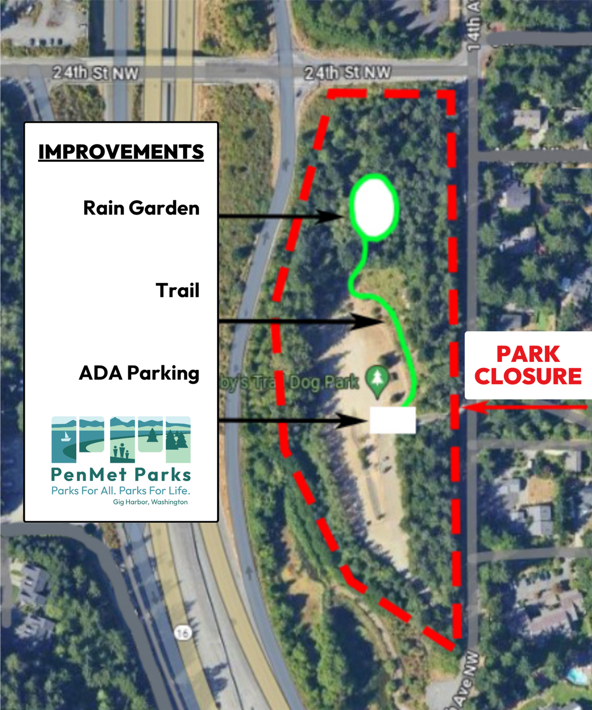 A graphic on the PenMet Parks website shows the improvements that crews will make to Tubby’s Trail Dog Park during its closure July 15 to Oct. 30.
