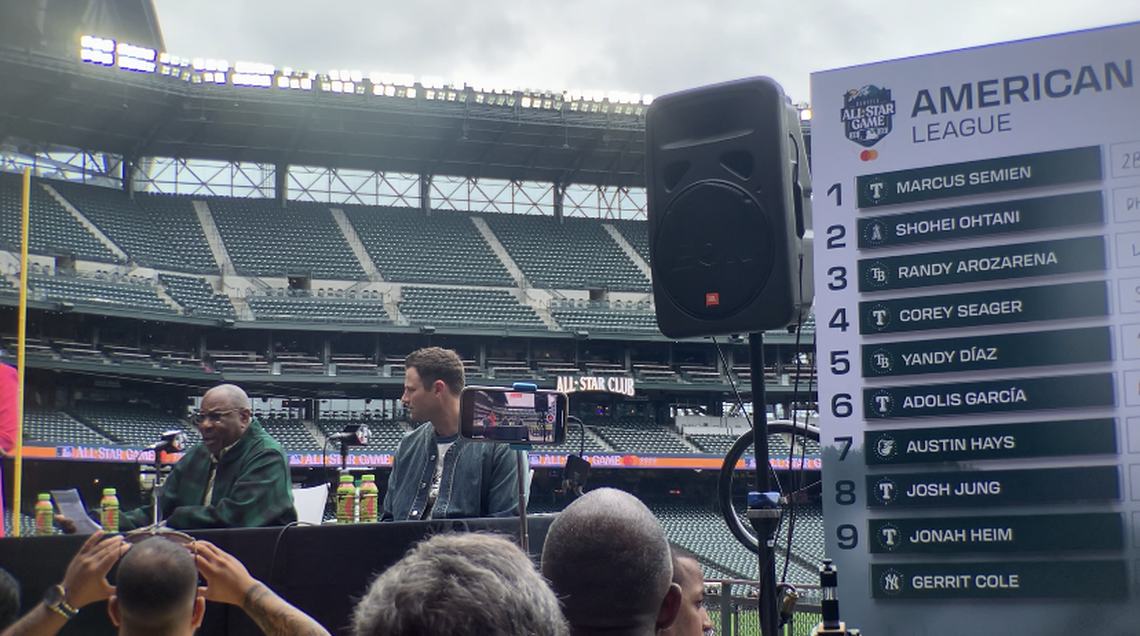 American League manager Dusty Baker from the World Series-champion Houston Astros (left) and starting pitcher Gerrit Cole of the New York Yankees talk on July 10, 2023. They are next to a board with the American League’s starting lineup for the 93rd All-Star Game at T-Mobile Park in Seattle July 11, 2023.