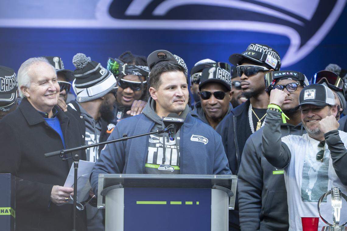 Seahawks head coach Mike Macdonald speaks to the crowd during the team’s Trophy Celebration event at Lumen Field on Wednesday, Feb. 11, 2026, in Seattle.