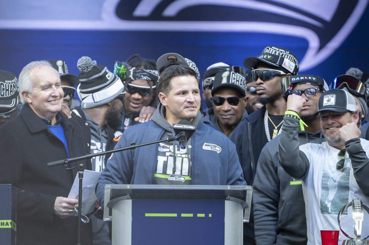 Seahawks head coach Mike Macdonald speaks to the crowd during the team’s Trophy Celebration event at Lumen Field on Wednesday, Feb. 11, 2026, in Seattle.