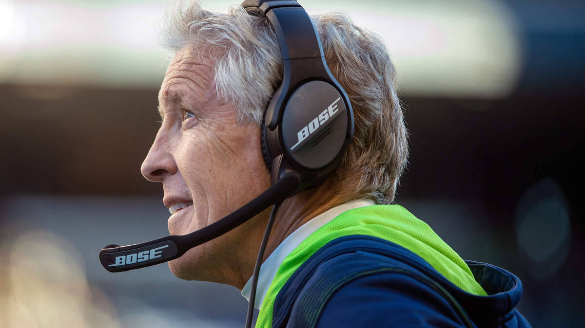 Seattle Seahawks head coach Pete Carroll smiles during the fourth quarter of an NFL game against the Jacksonville Jaguars on Sunday at Lumen Field in Seattle. Seattle beat Jacksonville, 31-7.