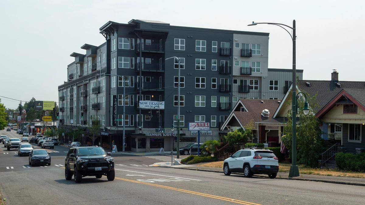 Much has changed in the block where the Sixth & Alder Apartments has been built. The complex, first proposed in 2016, is seeking occupants for its ground-floor retail spaces. Photo taken in Tacoma on August 3, 2021.