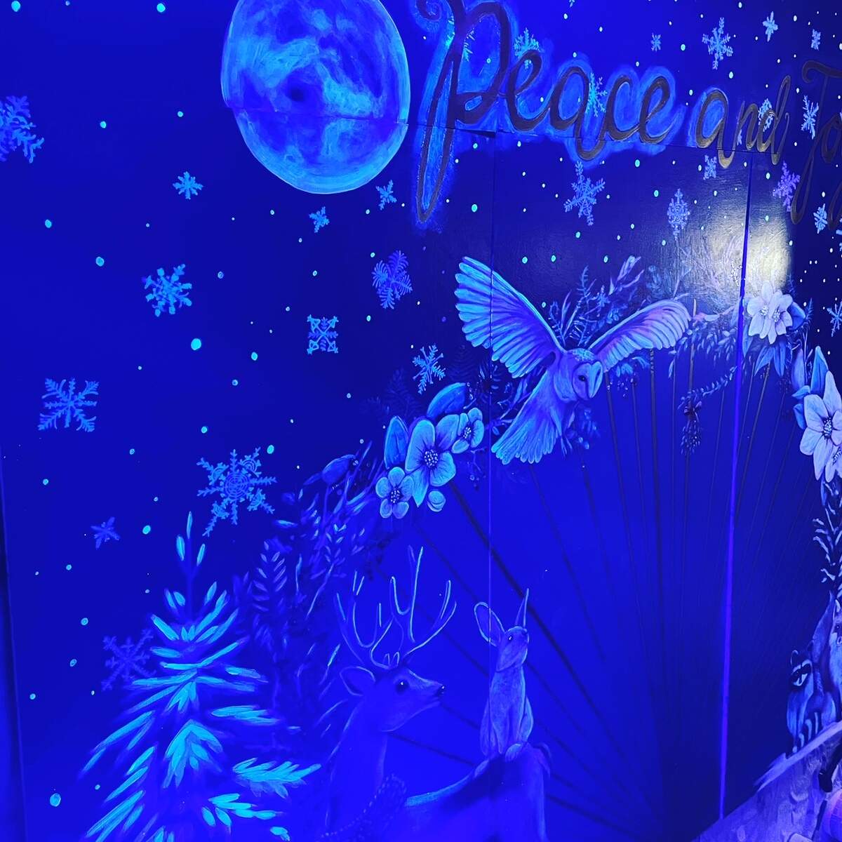 UV lights on timers give the mural a very different look at night, artist Hillarie Isackson said.