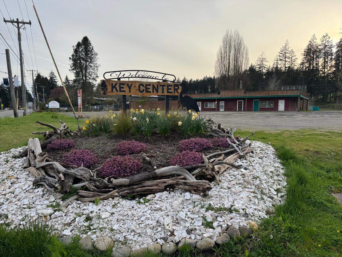 The Key Peninsula Fire Department headquarters as well as a grocery store, post office, credit union, library, restaurants and other businesses are located in Key Center, a central business area pictured Wednesday, April 9, 2025, in Key Peninsula, Wash.