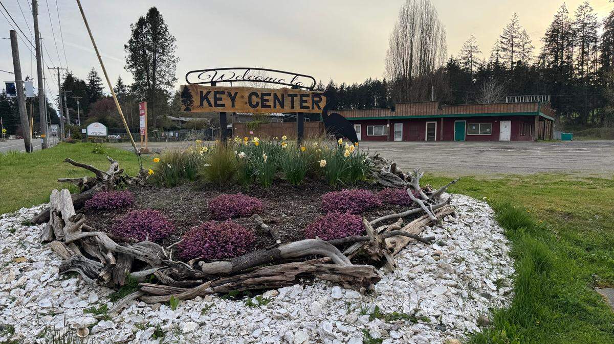 The Key Peninsula Fire Department headquarters as well as a grocery store, post office, credit union, library, restaurants and other businesses are located in Key Center, a central business area pictured Wednesday, April 9, 2025, in Key Peninsula, Wash.