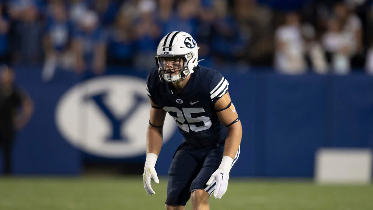 Brigham Young Cougars defensive back Talan Alfrey (25) runs backwards on defense during an NCAA football game on Saturday, Sept. 24, 2022 in Provo, Utah. (AP Photo/Tyler Tate)