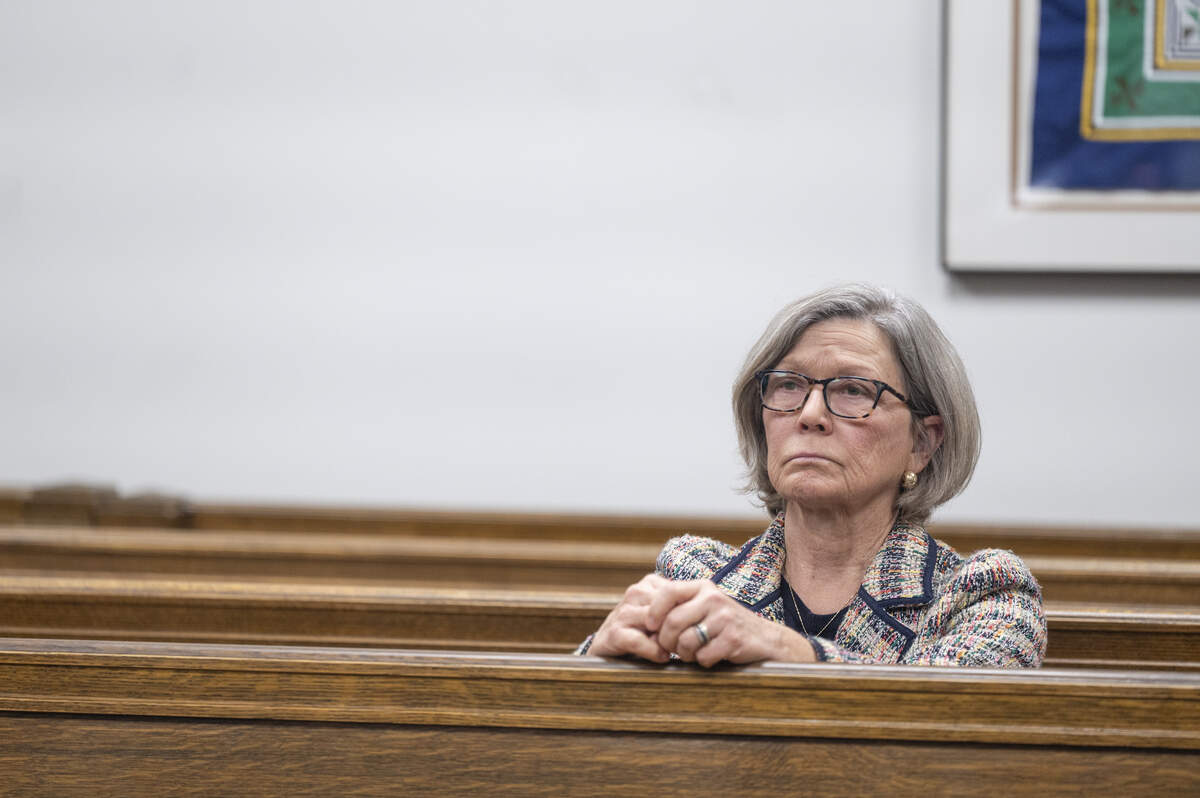 Pierce County Prosecuting Attorney Mary Robnett listens to a hearing on whether to dismiss the lawsuit alleging private attorney Joan Mell is unlawfully invading the Pierce County Prosecutor’s office on Friday, Oct. 31, 2025, at the King County Courthouse in Seattle.