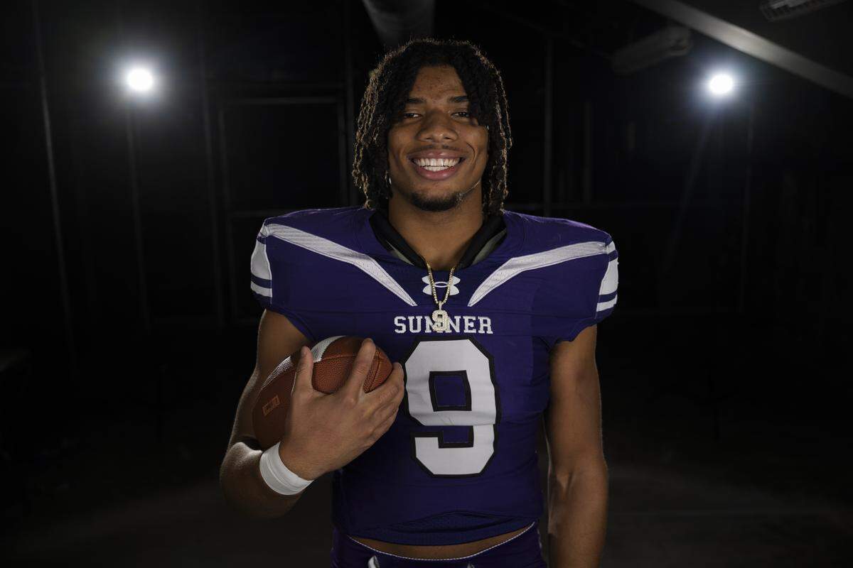 Sumner senior running back Lance McGee poses for a portrait after being selected as The News Tribune’s 2025 All-Area football co-player of the year at Mount Tahoma High School, on Sunday, Dec. 7, 2025, in Tacoma, Wash.