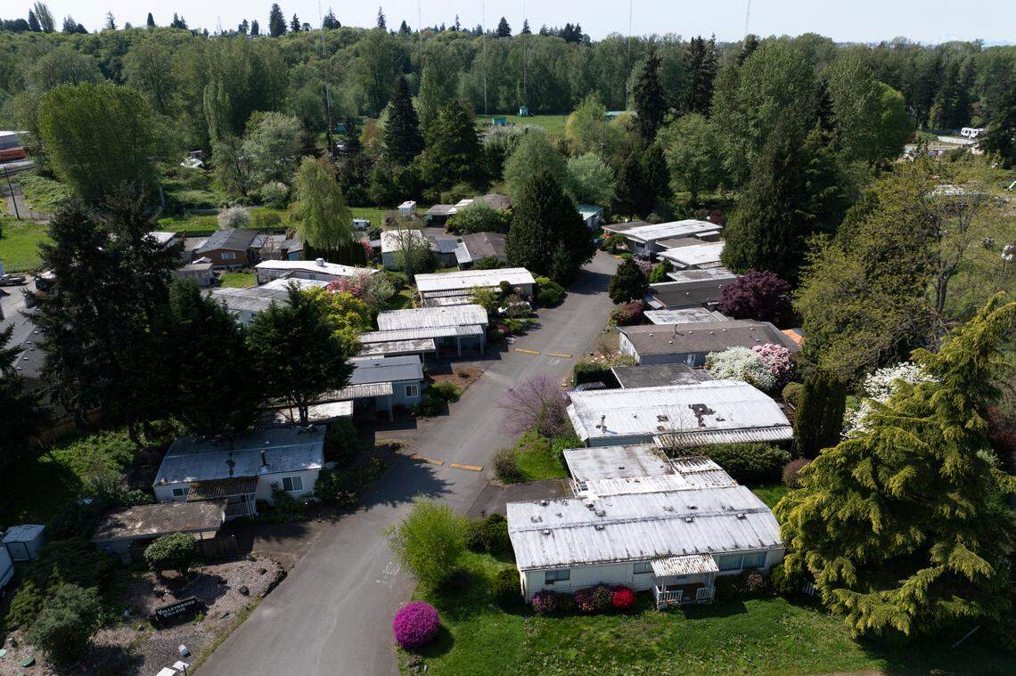 Valley Brook Mobile Home Park is located near a regulated floodplain near Clear Creek and the Puyallup River, on Wednesday, April 23, 2025, in Tacoma, Wash.