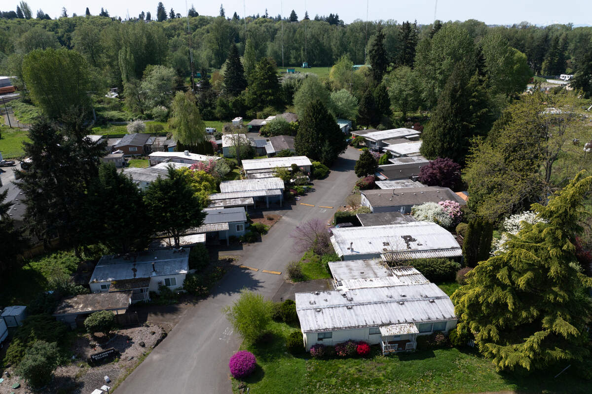 Valley Brook Mobile Home Park is located near a regulated floodplain near Clear Creek and the Puyallup River, on Wednesday, April 23, 2025, in Tacoma, Wash.