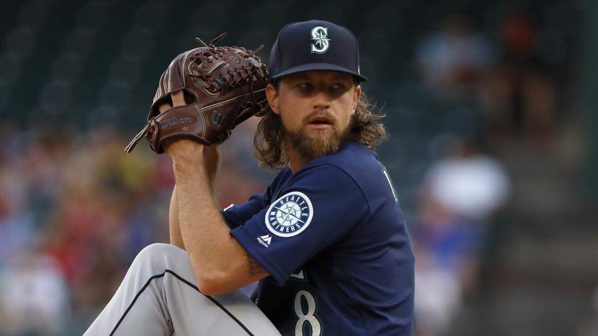 Seattle Mariners’ Mike Leake works against the Texas Rangers during a baseball game in Arlington, Texas, Tuesday, July 30, 2019.