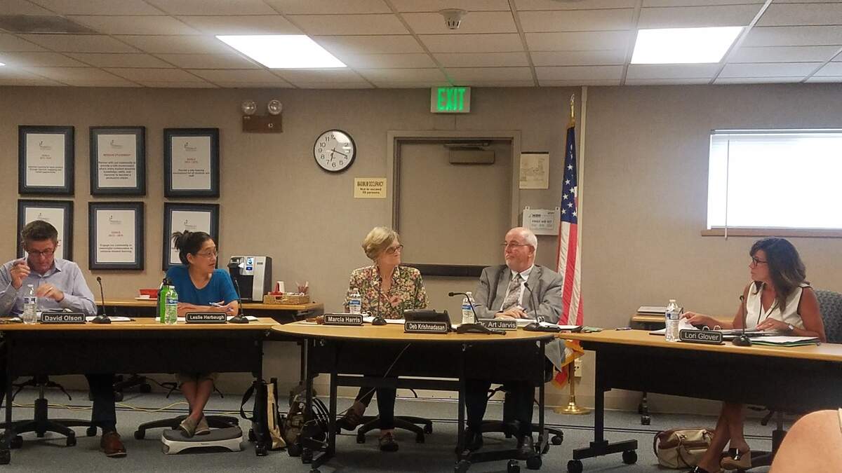 The Peninsula School District Board of Directors begins work as a full board after appointing new interim-superintendent Art Jarvis and Director Lori Glover. From left to right; Director David Olson, Director Leslie Harbaugh, Board President Marcia Harris, Interim-superintendent Art Jarvis, Director Lori Glover. Not pictured, Director Deborah Krishnasadah.