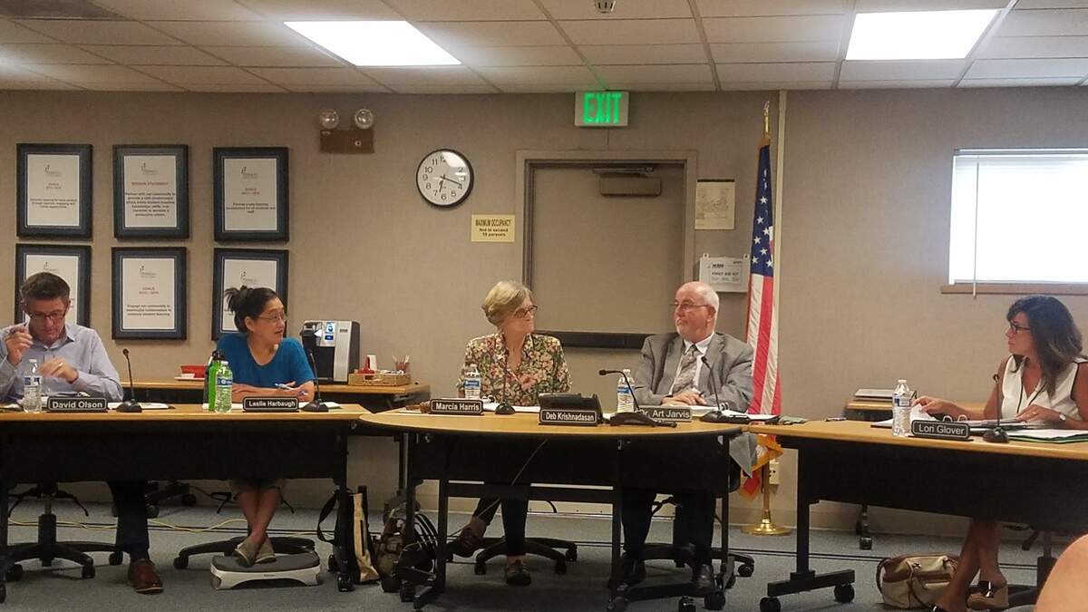 The Peninsula School District Board of Directors begins work as a full board after appointing new interim-superintendent Art Jarvis and Director Lori Glover. From left to right; Director David Olson, Director Leslie Harbaugh, Board President Marcia Harris, Interim-superintendent Art Jarvis, Director Lori Glover. Not pictured, Director Deborah Krishnasadah.